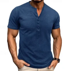 Men's Button T Shirt Henley Shirt Tee Tee Top Short Sleeve Henley Summer Classic Solid / Plain Color Fashion Designer Buckle Vacation Street Going out Blue Wine Dark Gray Top Tee for Men