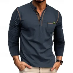 Men's Button T Shirt T Shirt Henley Shirt Tee Long Sleeve Henley Spring & Fall Color Block Fashion Designer Basic Patchwork Vacation Street Going out Black White Wine Top Tee for Men