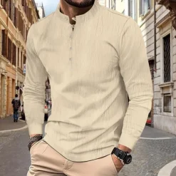 Men's Button T Shirt T Shirt Henley Shirt Tee Long Sleeve Henley Spring & Fall Plain Fashion Designer Basic Vacation Street Going out Black White Khaki Top Tee for Men