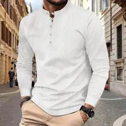 Men's Button T Shirt T Shirt Henley Shirt Tee Long Sleeve Henley Spring & Fall Plain Fashion Designer Basic Vacation Street Going out Black White Khaki Top Tee for Men