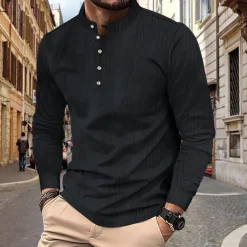 Men's Button T Shirt T Shirt Henley Shirt Tee Long Sleeve Henley Spring & Fall Plain Fashion Designer Basic Vacation Street Going out Black White Khaki Top Tee for Men