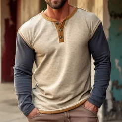 Men's Button T Shirt T Shirt Henley Shirt Tee Top Long Sleeve Henley Spring & Fall Color Block Fashion Designer Basic Patchwork Vacation Street Going out Pink Blue khaki Top Tee for Men