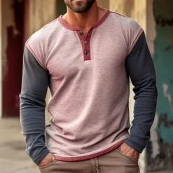 Men's Button T Shirt T Shirt Henley Shirt Tee Top Long Sleeve Henley Spring & Fall Color Block Fashion Designer Basic Patchwork Vacation Street Going out Pink Blue khaki Top Tee for Men