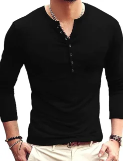 Men's Button T Shirt T Shirt Long Sleeve Shirt Long Sleeve Stand Collar Spring & Fall Plain Lightweight Classic Casual Button-Down Vacation Casual Holiday Wine Black White Top Tee for Men