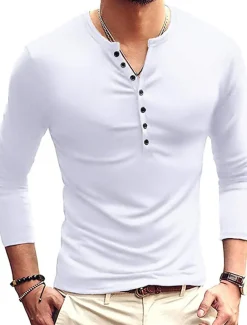 Men's Button T Shirt T Shirt Long Sleeve Shirt Long Sleeve Stand Collar Spring & Fall Plain Lightweight Classic Casual Button-Down Vacation Casual Holiday Wine Black White Top Tee for Men