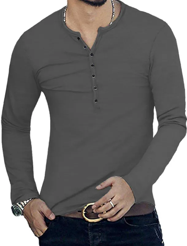 Men's Button T Shirt T Shirt Long Sleeve Shirt Long Sleeve Stand Collar Spring & Fall Plain Lightweight Classic Casual Button-Down Vacation Casual Holiday Wine Black White Top Tee for Men