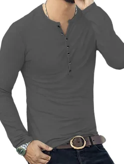 Men's Button T Shirt T Shirt Long Sleeve Shirt Long Sleeve Stand Collar Spring & Fall Plain Lightweight Classic Casual Button-Down Vacation Casual Holiday Wine Black White Top Tee for Men