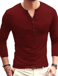 Men's Button T Shirt T Shirt Long Sleeve Shirt Long Sleeve Stand Collar Spring & Fall Plain Lightweight Classic Casual Button-Down Vacation Casual Holiday Wine Black White Top Tee for Men