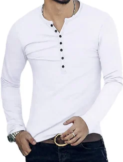 Men's Button T Shirt T Shirt Long Sleeve Shirt Long Sleeve Stand Collar Spring & Fall Plain Lightweight Classic Casual Button-Down Vacation Casual Holiday Wine Black White Top Tee for Men