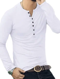 Men's Button T Shirt T Shirt Long Sleeve Shirt Long Sleeve Stand Collar Spring & Fall Plain Lightweight Classic Casual Button-Down Vacation Casual Holiday Wine Black White Top Tee for Men