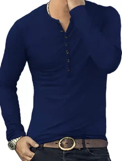 Men's Button T Shirt T Shirt Long Sleeve Shirt Long Sleeve Stand Collar Spring & Fall Plain Lightweight Classic Casual Button-Down Vacation Casual Holiday Wine Black White Top Tee for Men