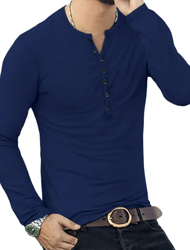 Men's Button T Shirt T Shirt Long Sleeve Shirt Long Sleeve Stand Collar Spring & Fall Plain Lightweight Classic Casual Button-Down Vacation Casual Holiday Wine Black White Top Tee for Men