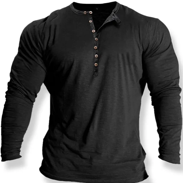 Men's Button T Shirt T Shirt Henley Shirt Tee Top Long Sleeve Crew Neck Spring & Fall Plain Fashion Designer Basic Retro Button-Down Vacation Street Going out Black White Blue Top Tee for Men
