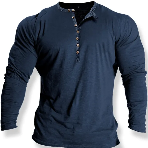 Men's Button T Shirt T Shirt Henley Shirt Tee Top Long Sleeve Crew Neck Spring & Fall Plain Fashion Designer Basic Retro Button-Down Vacation Street Going out Black White Blue Top Tee for Men