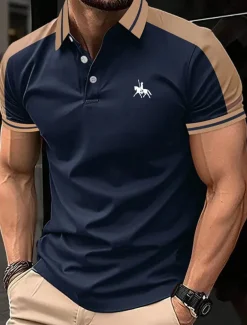 Men's Button Up Polos Cotton Polo Shirt Casual Holiday Lapel Short Sleeve Fashion Basic Color Block Patchwork Embroidered Summer Regular Fit Black Wine Navy Blue Green Grey Button Up Polos