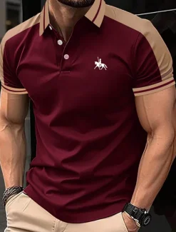 Men's Button Up Polos Cotton Polo Shirt Casual Holiday Lapel Short Sleeve Fashion Basic Color Block Patchwork Embroidered Summer Regular Fit Black Wine Navy Blue Green Grey Button Up Polos