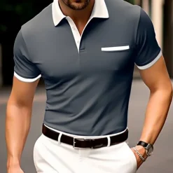 Men's Button Up Polos Cotton Polo Shirt Casual Holiday Lapel Ribbed Polo Collar Short Sleeve Fashion Basic Plain Classic Summer Regular Fit Navy Black White Burgundy Sky Blue Grey Button Up Polos