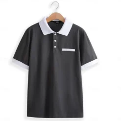 Men's Button Up Polos Cotton Polo Shirt Casual Holiday Lapel Ribbed Polo Collar Short Sleeve Fashion Basic Plain Classic Summer Regular Fit Navy Black White Burgundy Sky Blue Grey Button Up Polos