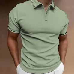 Men's Button Up Polos Golf Shirt Casual Sports Ribbed Polo Collar Classic Short Sleeve Fashion Basic Plain Button Summer Regular Fit Wine Lake Blue Black White Pink Navy Blue Button Up Polos