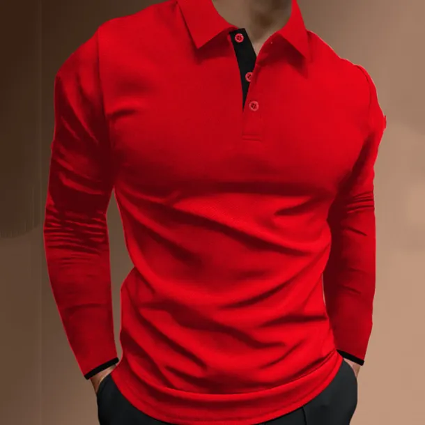 Men's Button Up Polos Polo Shirt Casual Holiday Lapel Long Sleeve Fashion Basic Plain Button Summer Regular Fit Fire Red Black Dark navy Button Up Polos