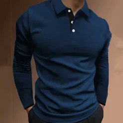 Men's Button Up Polos Polo Shirt Casual Holiday Lapel Long Sleeve Fashion Basic Plain Button Summer Regular Fit Fire Red Black Dark navy Button Up Polos