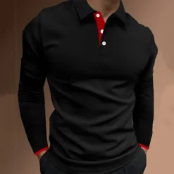 Men's Button Up Polos Polo Shirt Casual Holiday Lapel Long Sleeve Fashion Basic Plain Button Summer Regular Fit Fire Red Black Dark navy Button Up Polos