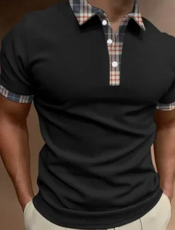 Men's Button Up Polos Polo Shirt Casual Sports Lapel Short Sleeve Fashion Basic Color Block Patchwork Button Summer Regular Fit Black White Red Brown Button Up Polos