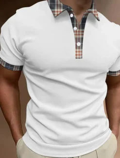 Men's Button Up Polos Polo Shirt Casual Sports Lapel Short Sleeve Fashion Basic Color Block Patchwork Button Summer Regular Fit Black White Red Brown Button Up Polos