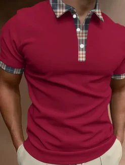 Men's Button Up Polos Polo Shirt Casual Sports Lapel Short Sleeve Fashion Basic Color Block Patchwork Button Summer Regular Fit Black White Red Brown Button Up Polos