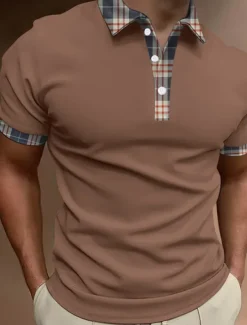 Men's Button Up Polos Polo Shirt Casual Sports Lapel Short Sleeve Fashion Basic Color Block Patchwork Button Summer Regular Fit Black White Red Brown Button Up Polos