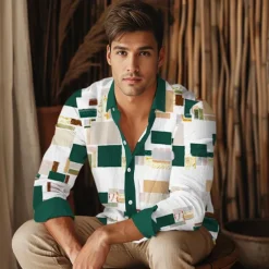 Men's Button Up Shirt Long Sleeve Artistic Casual Daily Summer Fold-over Collar Green