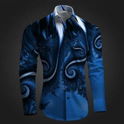 Men's Button Up Shirt Printed Shirts Long Sleeve Subcultural Vacation Party Street Spring & Summer Turndown Print Button-Down Red Blue Purple Gray