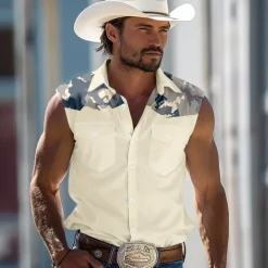 Men's Camouflage Shirt Western Shirt Cowboy Shirt Sleeveless Western Style Outdoor Work Causal Summer Spring Turndown Collared Shirts Light Khaki Blue Gray