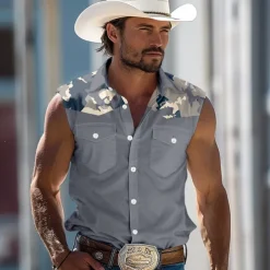 Men's Camouflage Shirt Western Shirt Cowboy Shirt Sleeveless Western Style Outdoor Work Causal Summer Spring Turndown Collared Shirts Light Khaki Blue Gray