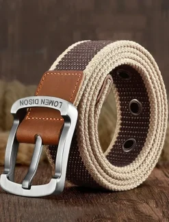 Men's Canvas Belt with Leather Buckle – Durable Woven Belt with Double Eyelets and Metal Buckle, Casual Style for Everyday Wear