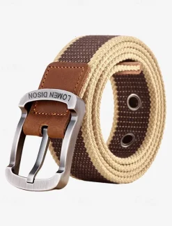 Men's Canvas Belt with Leather Buckle – Durable Woven Belt with Double Eyelets and Metal Buckle, Casual Style for Everyday Wear