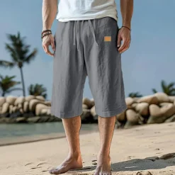 Men's Capri Pants Linen Shorts Summer Shorts Beach Shorts Pocket Drawstring Elastic Waist Plain Comfort Breathable Calf-Length Vacation Holiday Beach Hawaiian Boho Black White Micro-elastic
