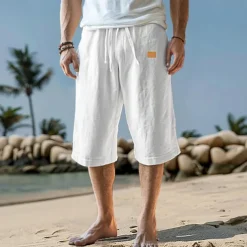 Men's Capri Pants Linen Shorts Summer Shorts Beach Shorts Pocket Drawstring Elastic Waist Plain Comfort Breathable Calf-Length Vacation Holiday Beach Hawaiian Boho Black White Micro-elastic