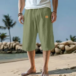 Men's Capri Pants Linen Shorts Summer Shorts Beach Shorts Pocket Drawstring Elastic Waist Plain Comfort Breathable Calf-Length Vacation Holiday Beach Hawaiian Boho Black White Micro-elastic