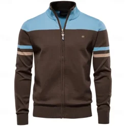 Men's Cardigan Sweater Cardigan Ribbed Knit Regular Tops Zipper Color Block Standing Collar Knitwear Neutral Outdoor Clothing Apparel Spring & Fall Black Blue S M L