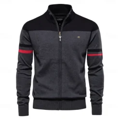 Men's Cardigan Sweater Cardigan Ribbed Knit Regular Tops Zipper Color Block Standing Collar Knitwear Neutral Outdoor Clothing Apparel Spring & Fall Black Blue S M L