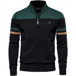 Men's Cardigan Sweater Cardigan Ribbed Knit Regular Tops Zipper Color Block Standing Collar Knitwear Neutral Outdoor Clothing Apparel Spring & Fall Black Blue S M L