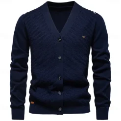 Men's Cardigan Sweater Cardigan Ribbed Knit Regular Tops Button Up Button-Down Solid Color V Neck Knitwear Fashion Work Causal Clothing Apparel Spring & Fall Navy Blue Beige S M L