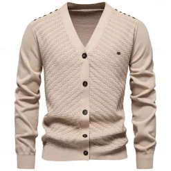 Men's Cardigan Sweater Cardigan Ribbed Knit Regular Tops Button Up Button-Down Solid Color V Neck Knitwear Fashion Work Causal Clothing Apparel Spring & Fall Navy Blue Beige S M L