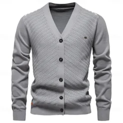 Men's Cardigan Sweater Cardigan Ribbed Knit Regular Tops Button Up Button-Down Solid Color V Neck Knitwear Fashion Work Causal Clothing Apparel Spring & Fall Navy Blue Beige S M L