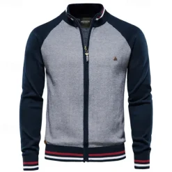 Men's Cardigan Sweater Cardigan Ribbed Knit Regular Tops Zipper Color Block Standing Collar Knitwear Neutral Outdoor Clothing Apparel Spring & Fall Black Navy Blue S M L