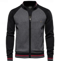 Men's Cardigan Sweater Cardigan Ribbed Knit Regular Tops Zipper Color Block Standing Collar Knitwear Neutral Outdoor Clothing Apparel Spring & Fall Black Navy Blue S M L