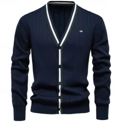Men's Cardigan Sweater Cropped Sweater Knit Sweater Ribbed Knit Regular Patchwork Button-Down Color Block V Neck Fashion Classic Daily Wear Date Clothing Apparel Fall & Winter Black Navy Blue S M L