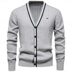 Men's Cardigan Sweater Knit Button Up with White Trim Striped Deep V Knitwear Elegant School Training Clothing Apparel Bishop Sleeve Fall Winter Black Navy Blue S M L