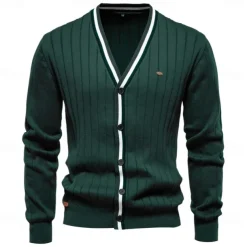 Men's Cardigan Sweater Knit Button Up with White Trim Striped Deep V Knitwear Elegant School Training Clothing Apparel Bishop Sleeve Fall Winter Black Navy Blue S M L